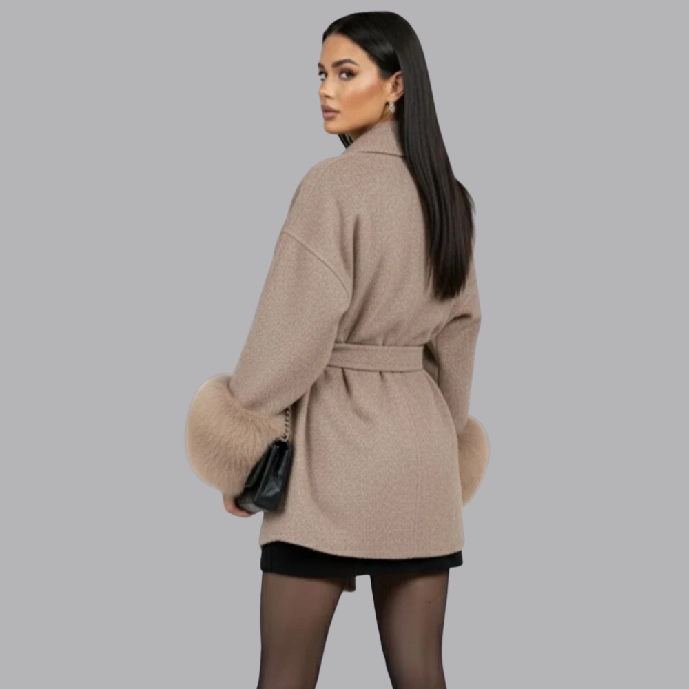 Women’s Belted Winter Coat Long Sleeve Fur Cuffs Outerwear