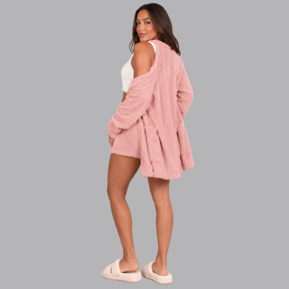 Women’s Fuzzy Three Piece Lounge Set Cardigan Shorts &amp; Vest