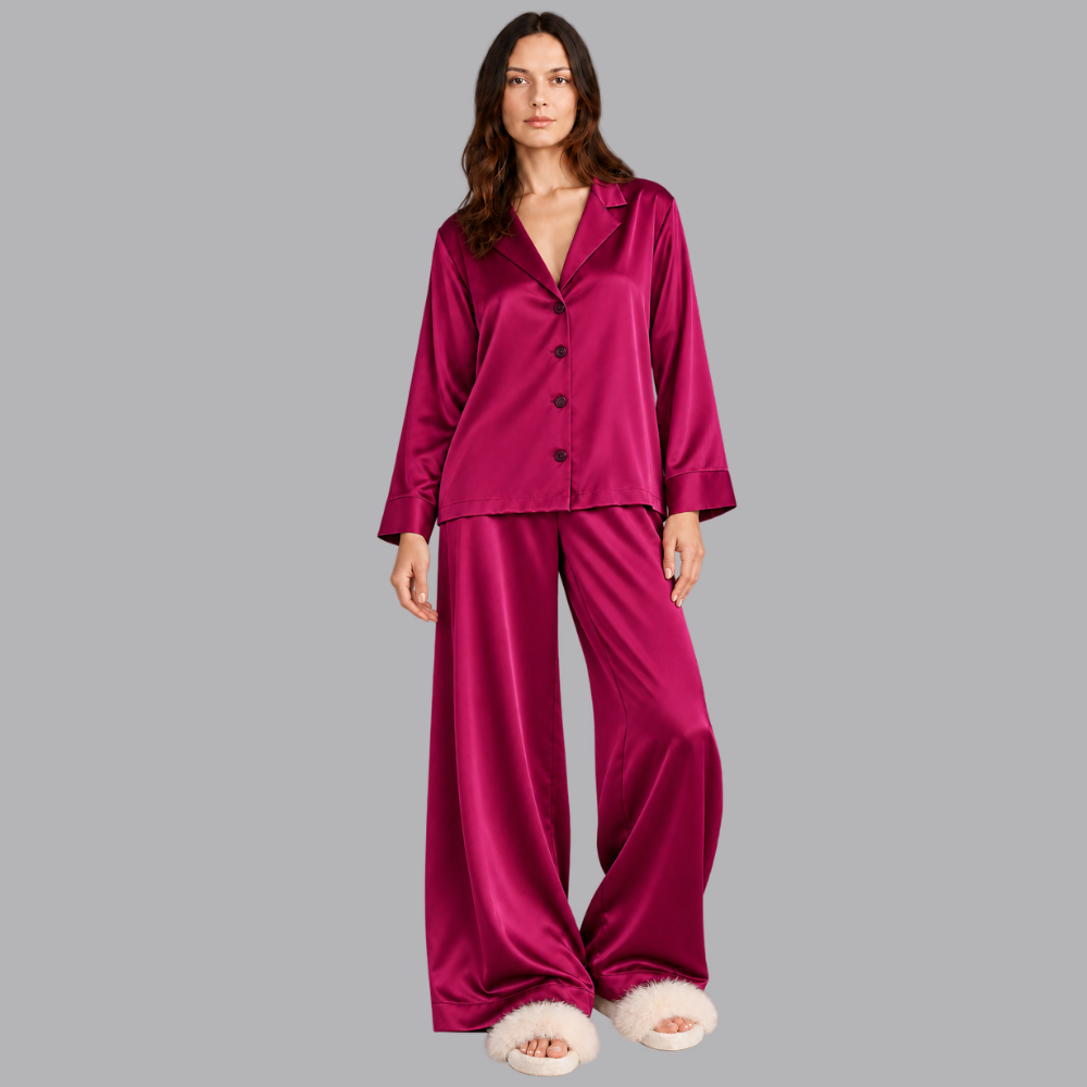 Women’s Satin Pajama Set Long Sleeve Top &amp; Wide Leg Trousers