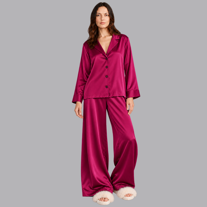 Women’s Satin Pajama Set Long Sleeve Top &amp; Wide Leg Trousers