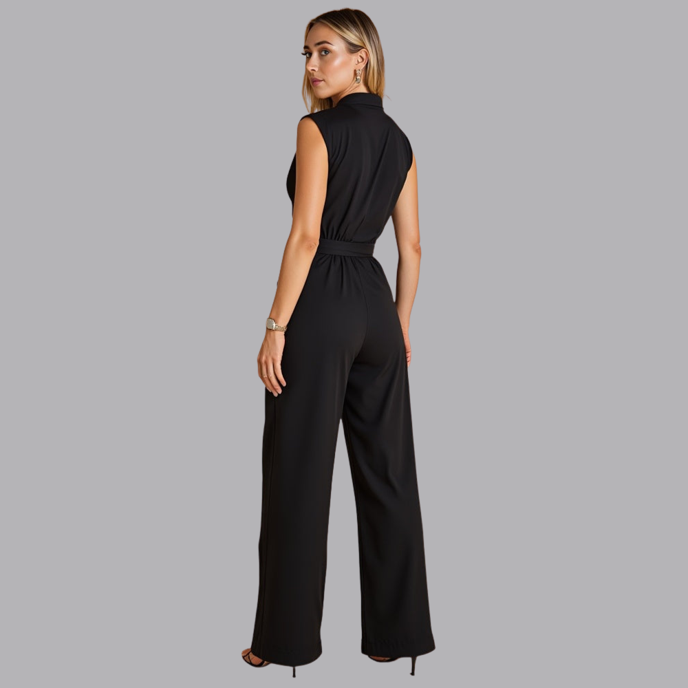 Women’s Sleeveless Jumpsuit High Neck Belted Wide Leg Trousers