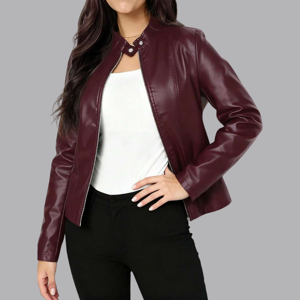 Women’s Faux Leather Biker Jacket Zip Front Slim Fit