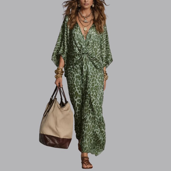 Women’s Leopard Print Maxi Dress Twist Front V Neck