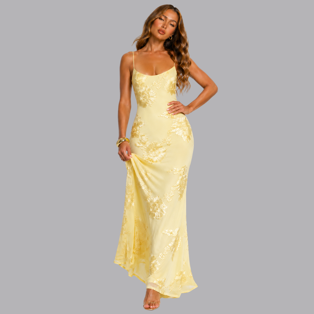 Women’s Floral Embroidered Strappy Mermaid Maxi Dress