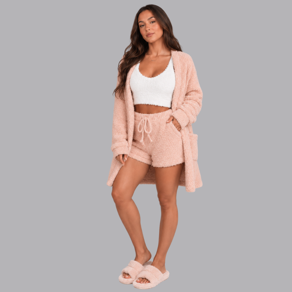 Women’s Fuzzy Three Piece Lounge Set Cardigan Shorts &amp; Vest