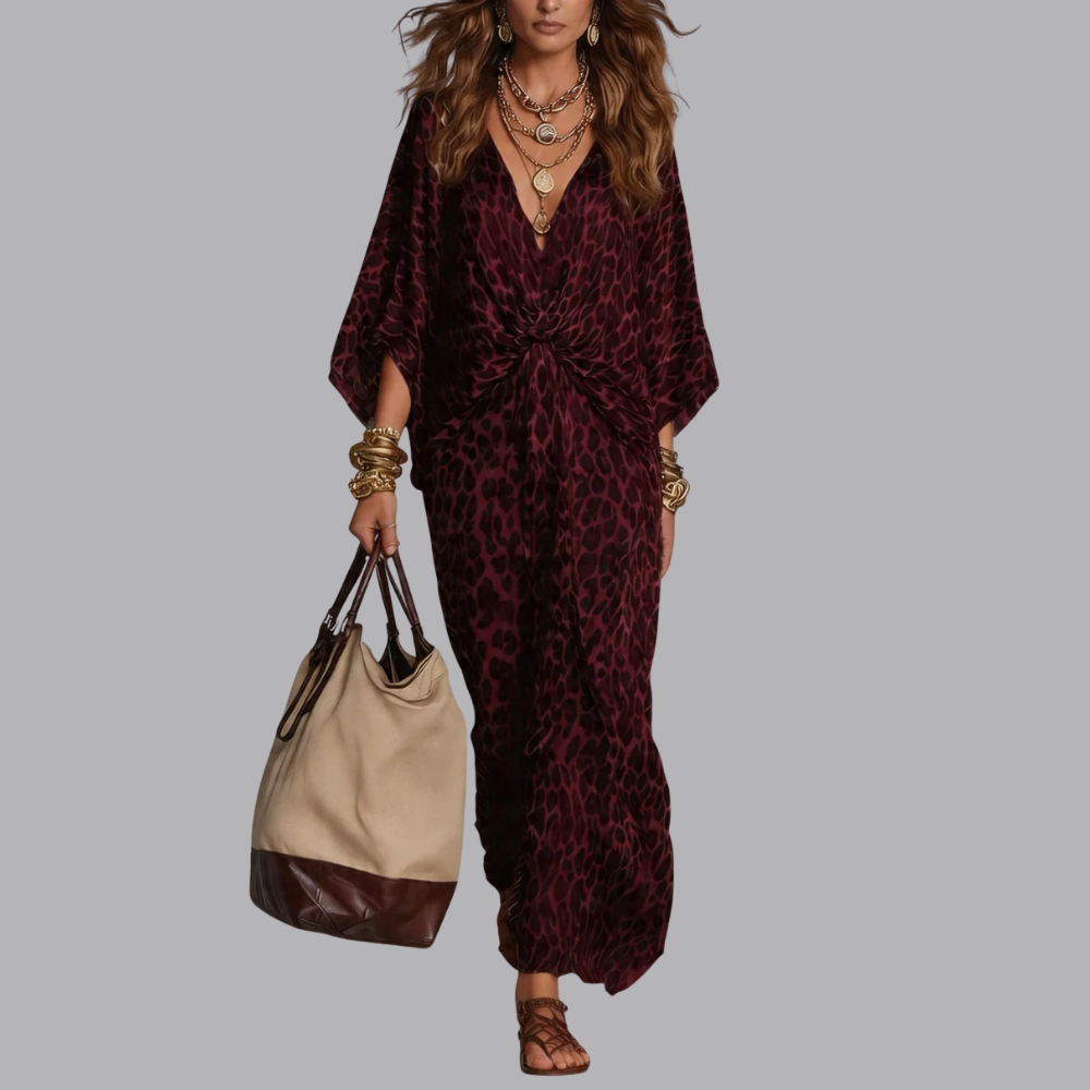 Women’s Leopard Print Maxi Dress Twist Front V Neck