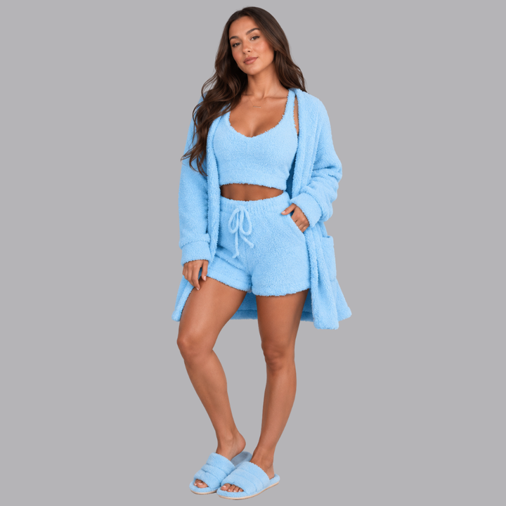 Women’s Fuzzy Three Piece Lounge Set Cardigan Shorts &amp; Vest