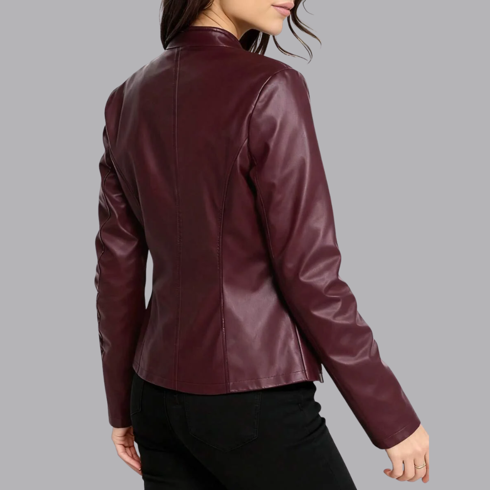 Women’s Faux Leather Biker Jacket Zip Front Slim Fit