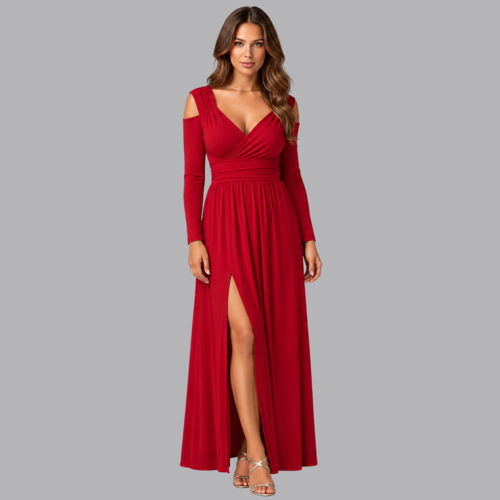 Women’s Elegant Cold Shoulder Formal Maxi Dress Ruched Waist