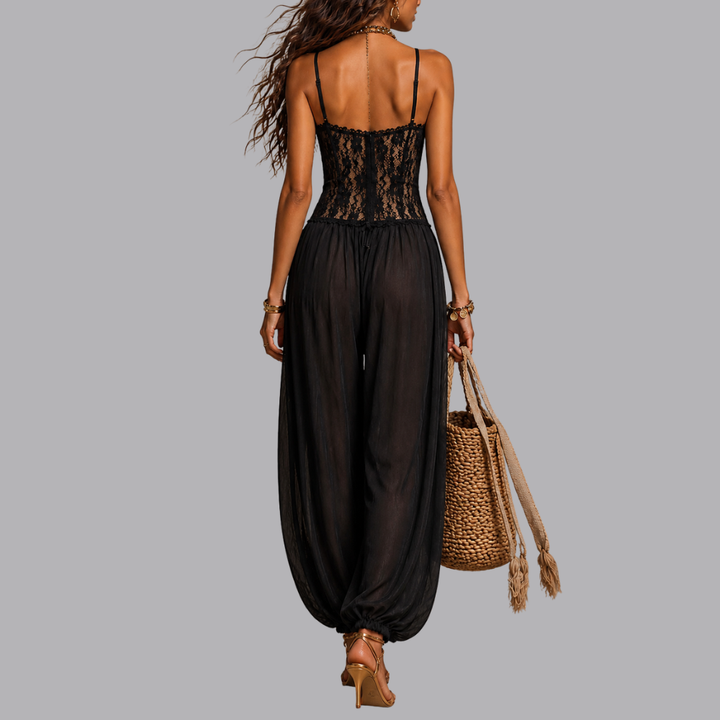 Women’s Lace Bodice Jumpsuit Spaghetti Strap Wide Leg Trousers