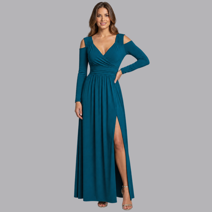 Women’s Elegant Cold Shoulder Formal Maxi Dress Ruched Waist
