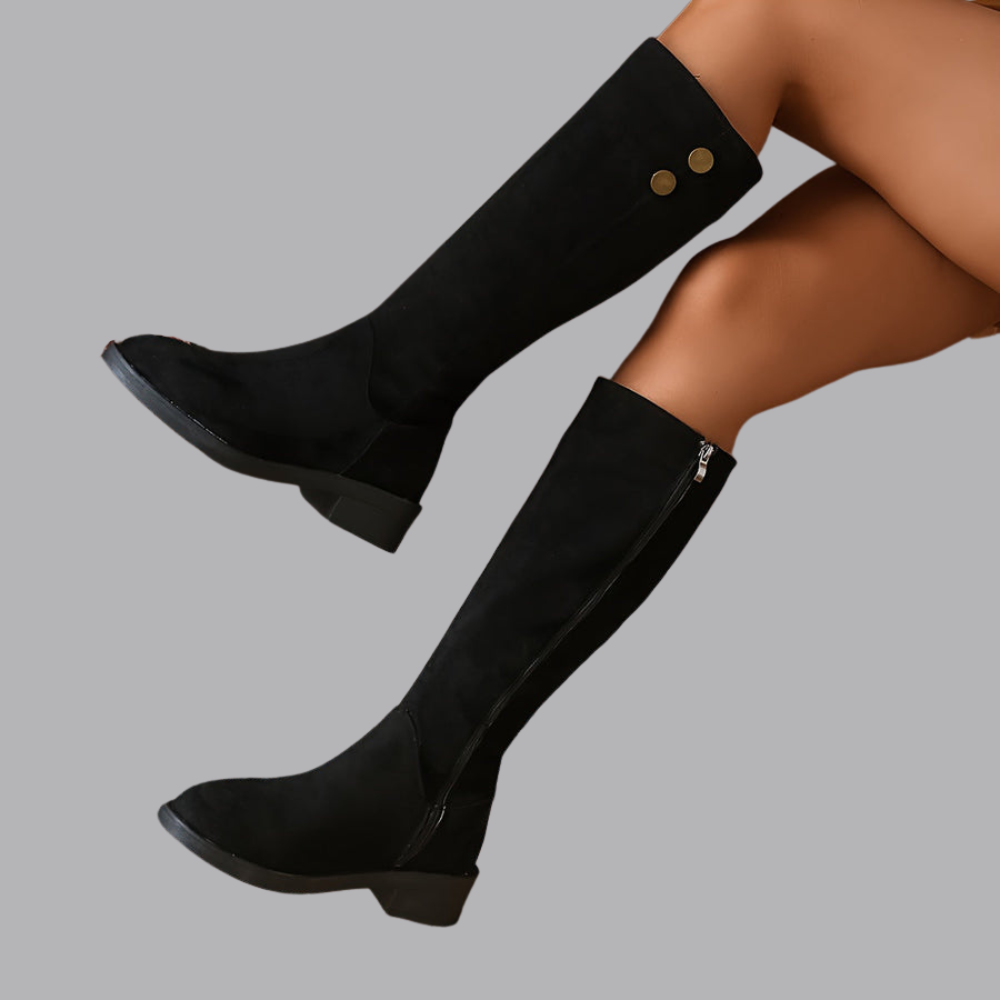 Women’s Knee High Boots Low Block Heel Side Zip
