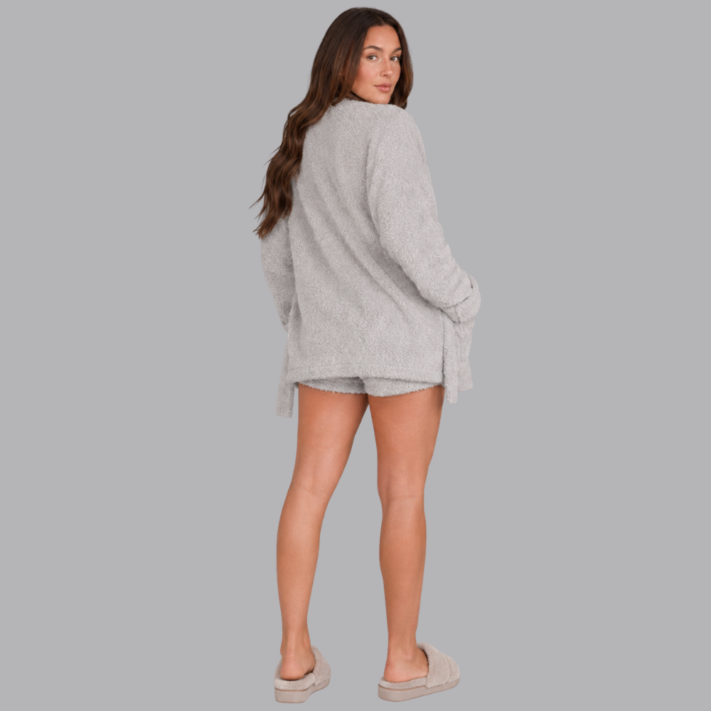 Women’s Fuzzy Three Piece Lounge Set Cardigan Shorts &amp; Vest