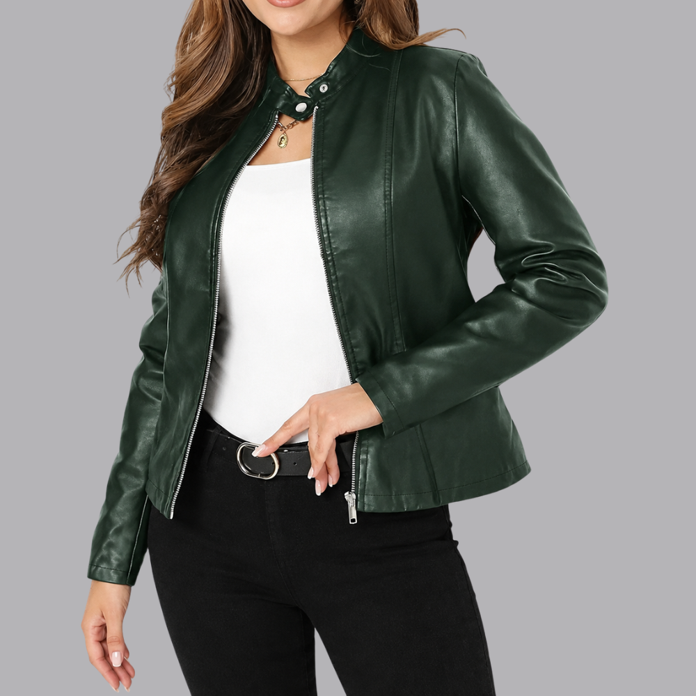 Women’s Faux Leather Biker Jacket Zip Front Slim Fit