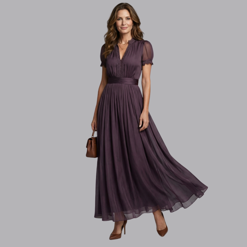 Women’s Chiffon Maxi Dress V Neck Lace Trim Short Sleeve Formal