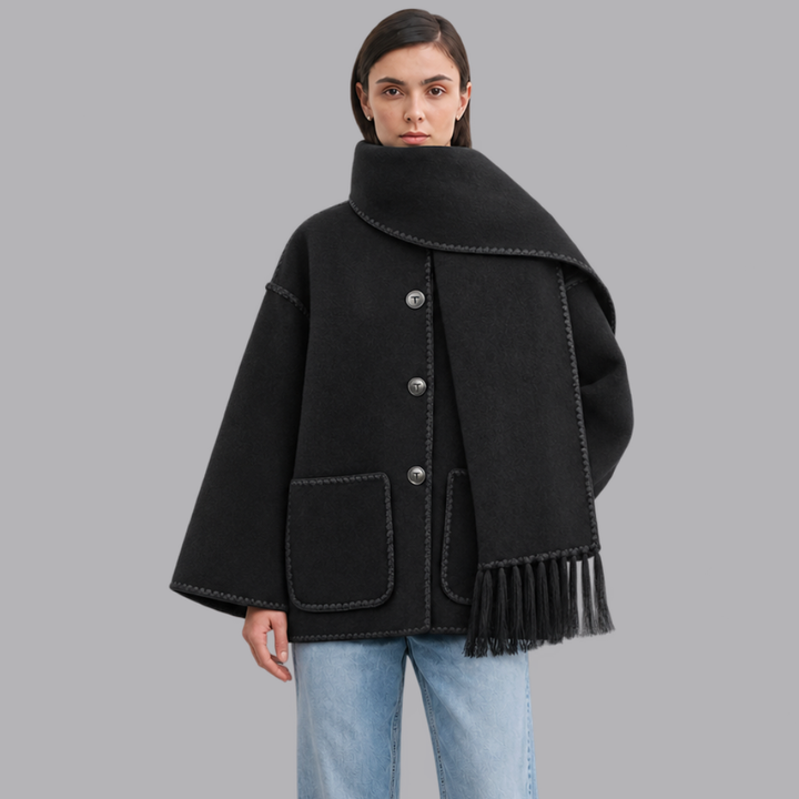 Women’s Oversized Cape Coat Contrast Trim Fringed Scarf