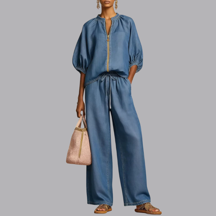 Women’s Denim Zip Front Wide Leg Trousers Two Piece Set