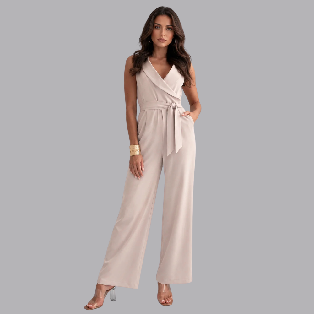 Women’s Elegant Sleeveless Wide Leg Jumpsuit Belted Waist