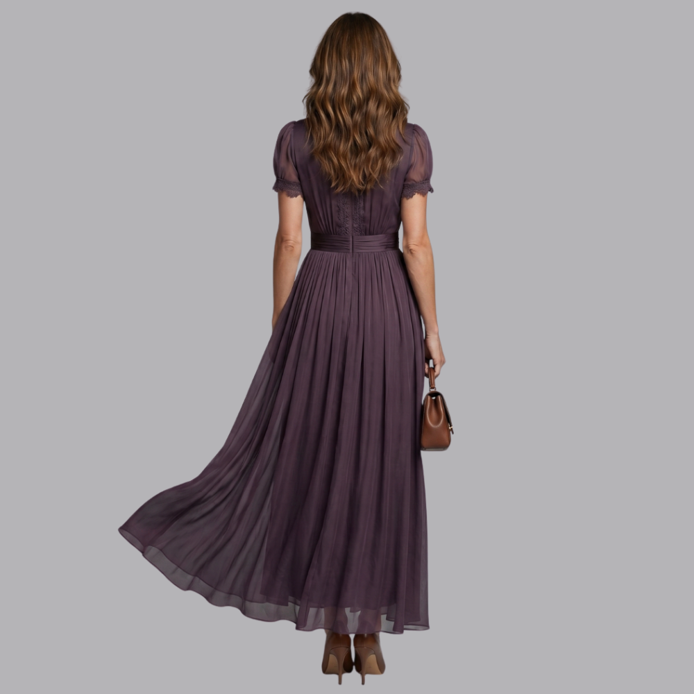 Women’s Chiffon Maxi Dress V Neck Lace Trim Short Sleeve Formal