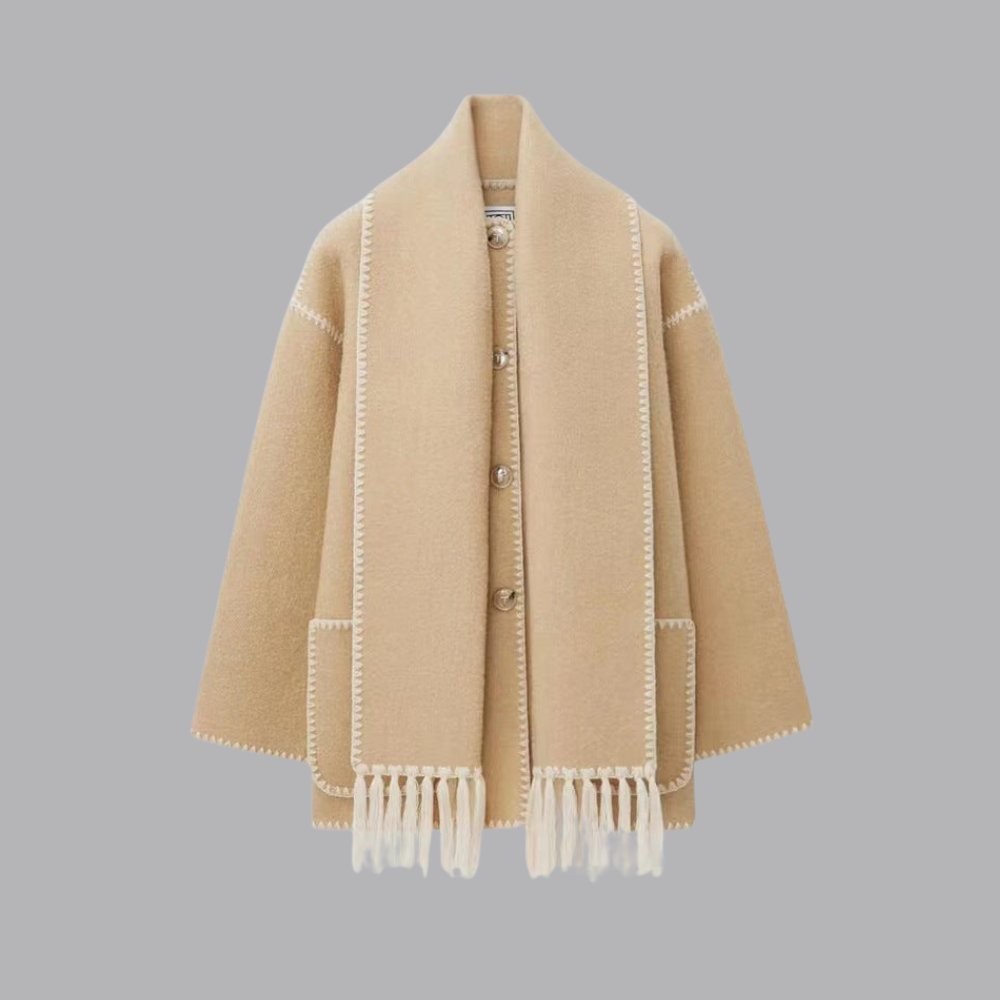 Women’s Oversized Cape Coat Contrast Trim Fringed Scarf