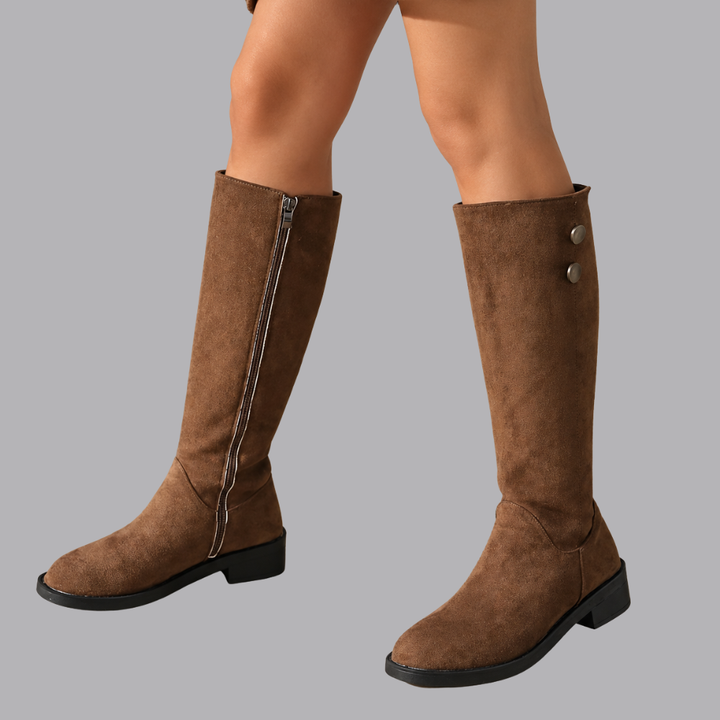 Women’s Knee High Boots Low Block Heel Side Zip