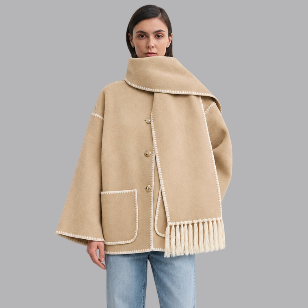 Women’s Oversized Cape Coat Contrast Trim Fringed Scarf