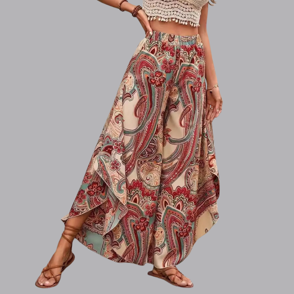 Women’s Paisley Print Wide Leg Trousers High Waist Boho Pants