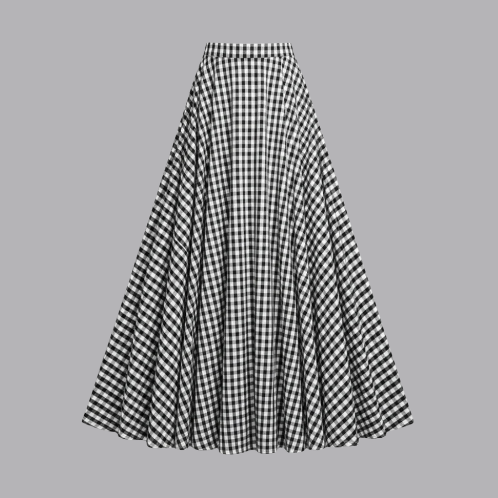 Women’s Checked Maxi Skirt High Waisted Flared Fit