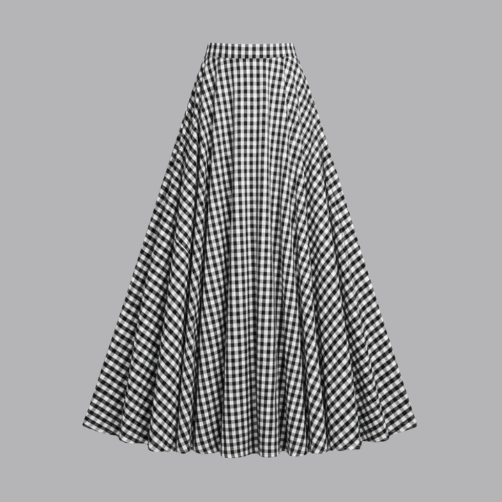 Women’s Checked Maxi Skirt High Waisted Flared Fit