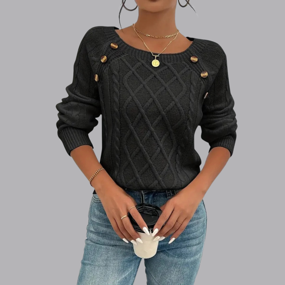 Women’s Cable Knit Jumper Boat Neck Button Detail Sweater