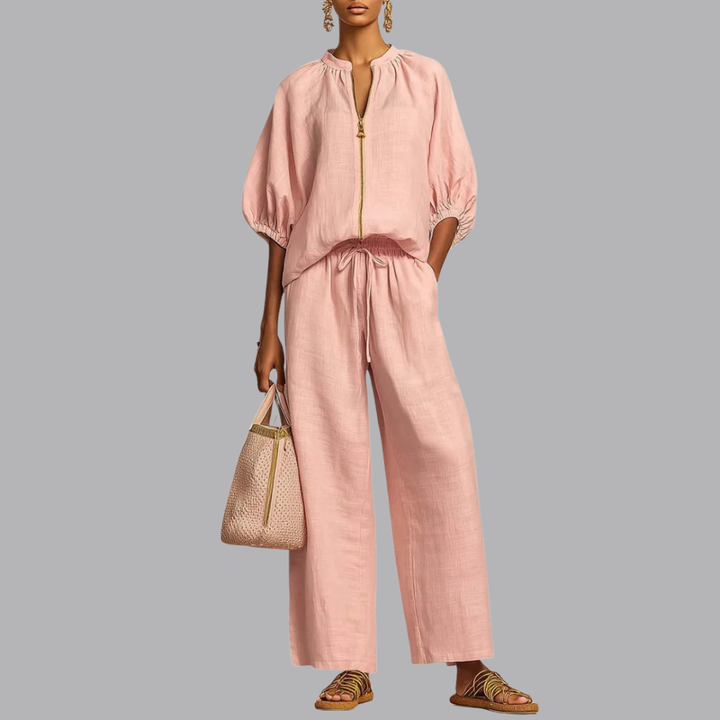 Women’s Denim Zip Front Wide Leg Trousers Two Piece Set