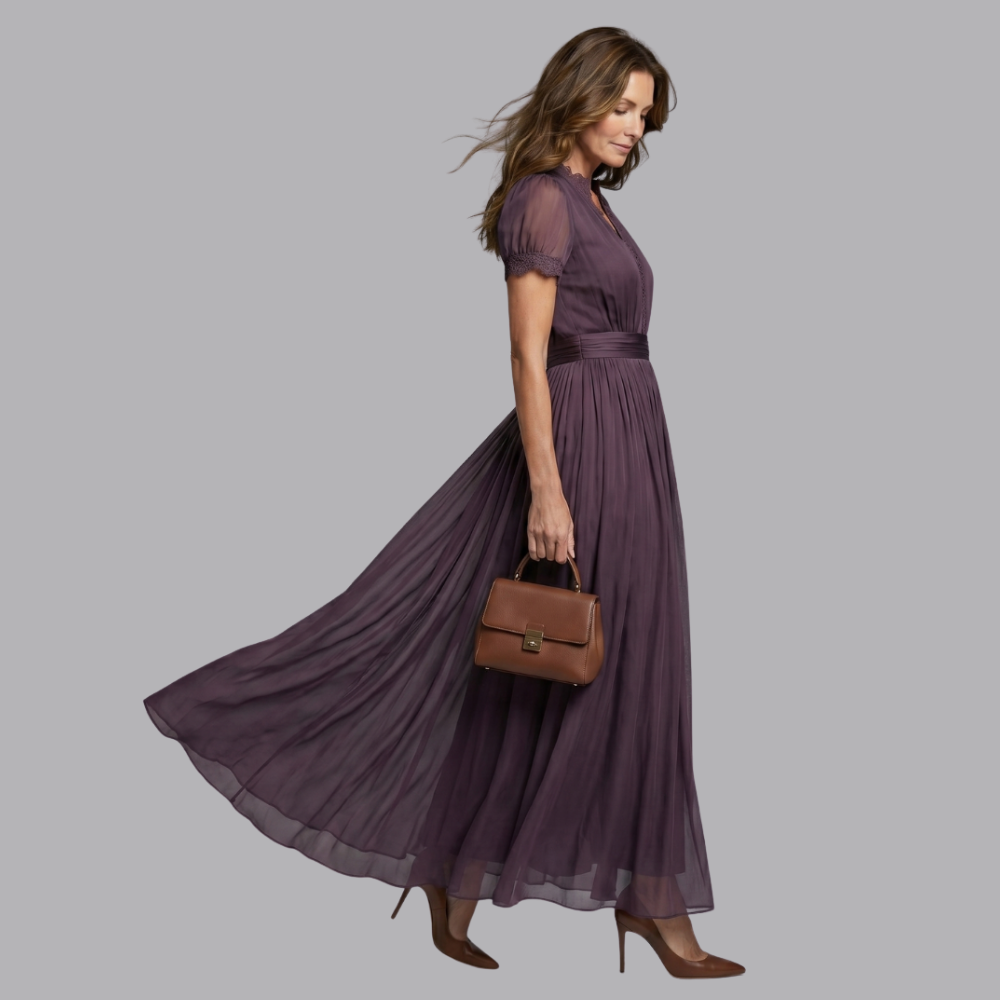 Women’s Chiffon Maxi Dress V Neck Lace Trim Short Sleeve Formal