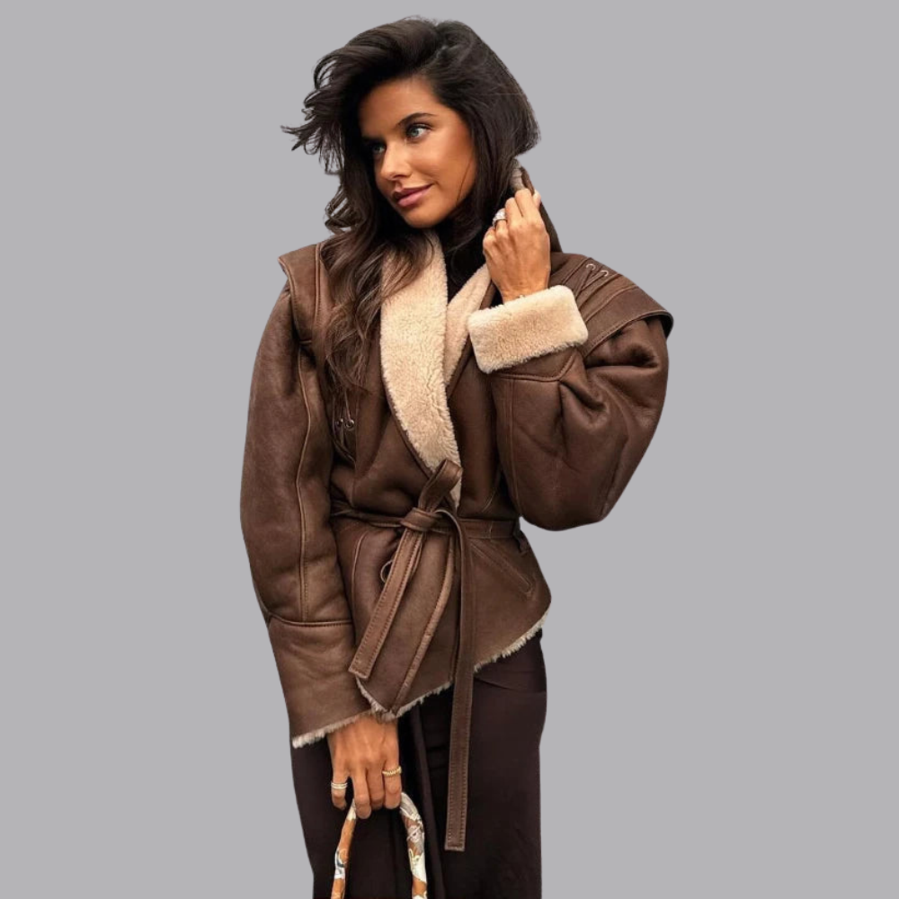 Women’s Faux Shearling Aviator Jacket Belted Waist