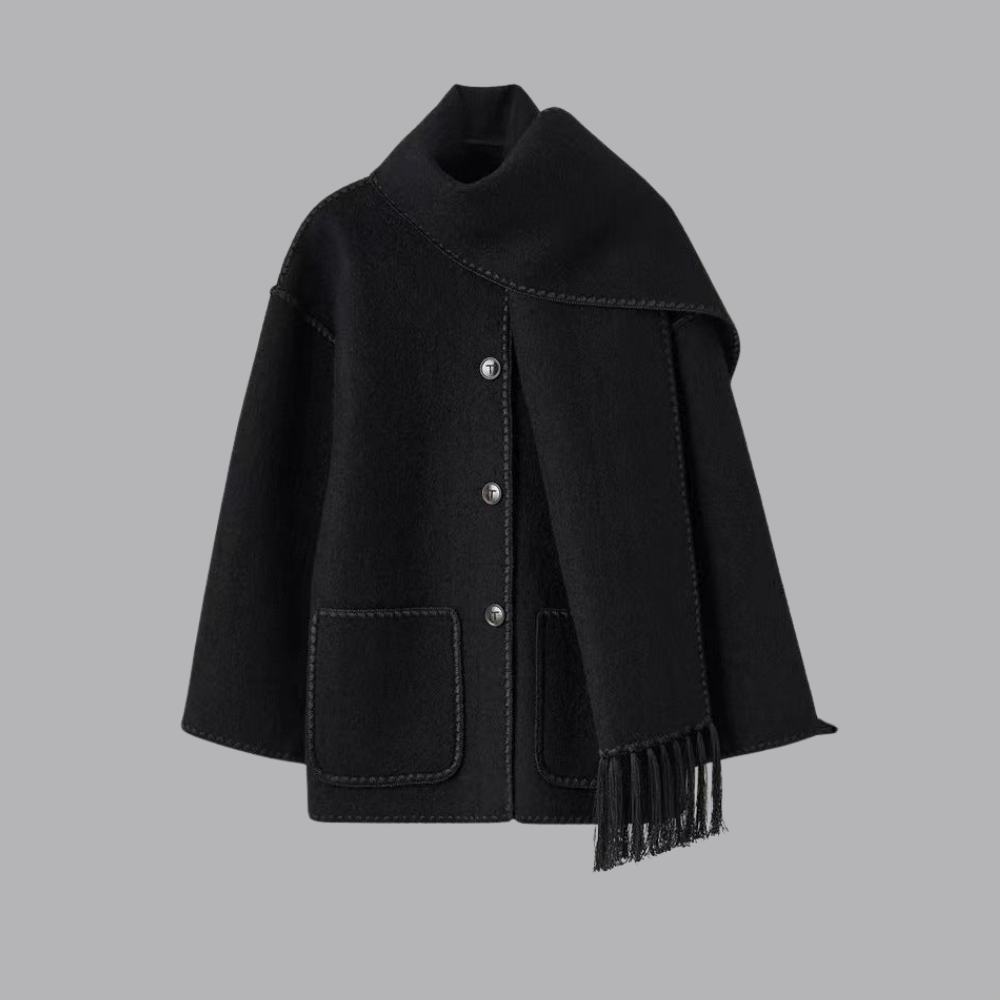 Women’s Oversized Cape Coat Contrast Trim Fringed Scarf