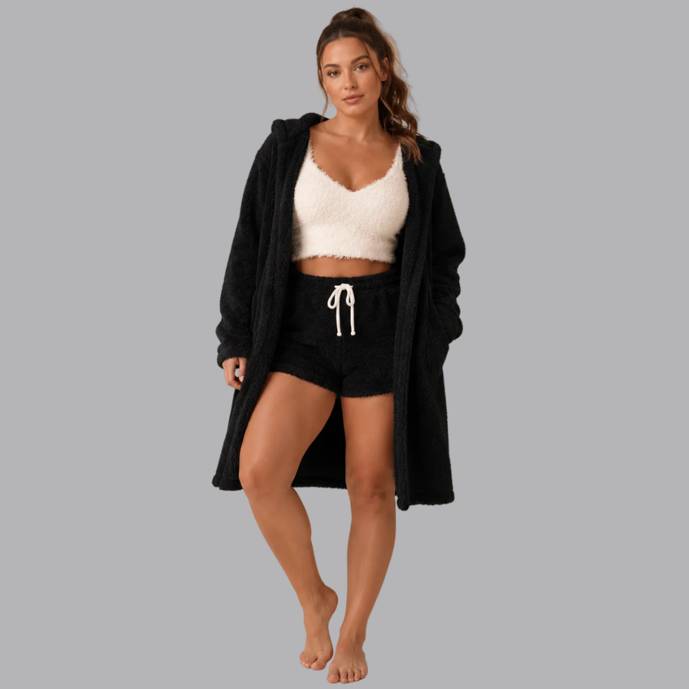 Women’s Fuzzy Three Piece Lounge Set Cardigan Shorts &amp; Vest