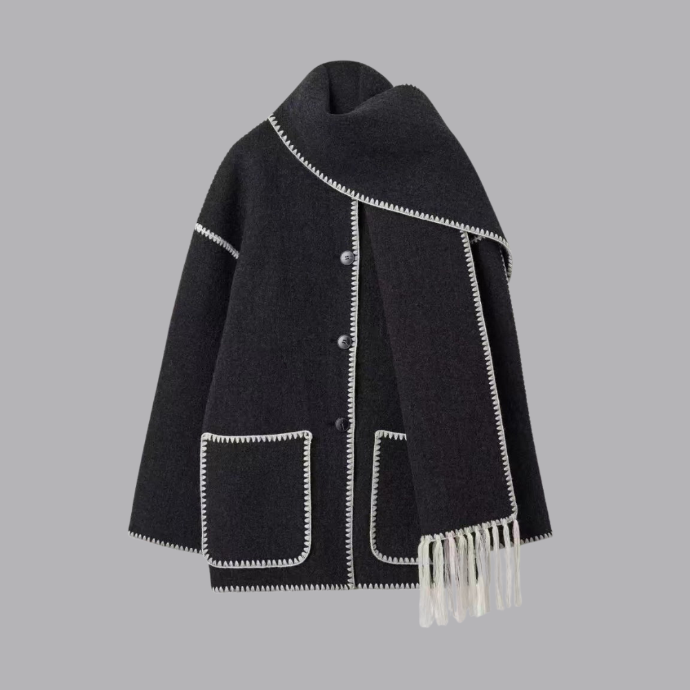 Women’s Oversized Cape Coat Contrast Trim Fringed Scarf