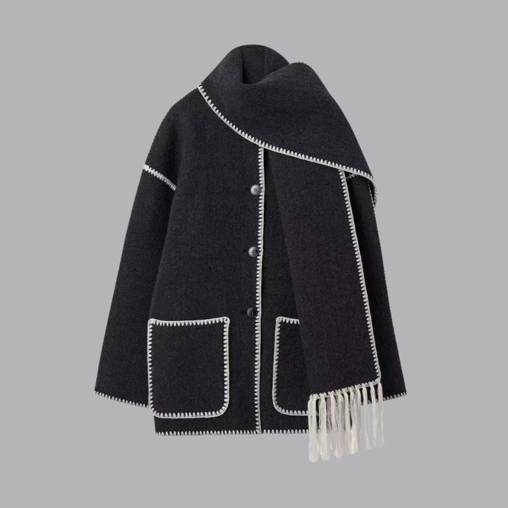 Women’s Oversized Cape Coat Contrast Trim Fringed Scarf