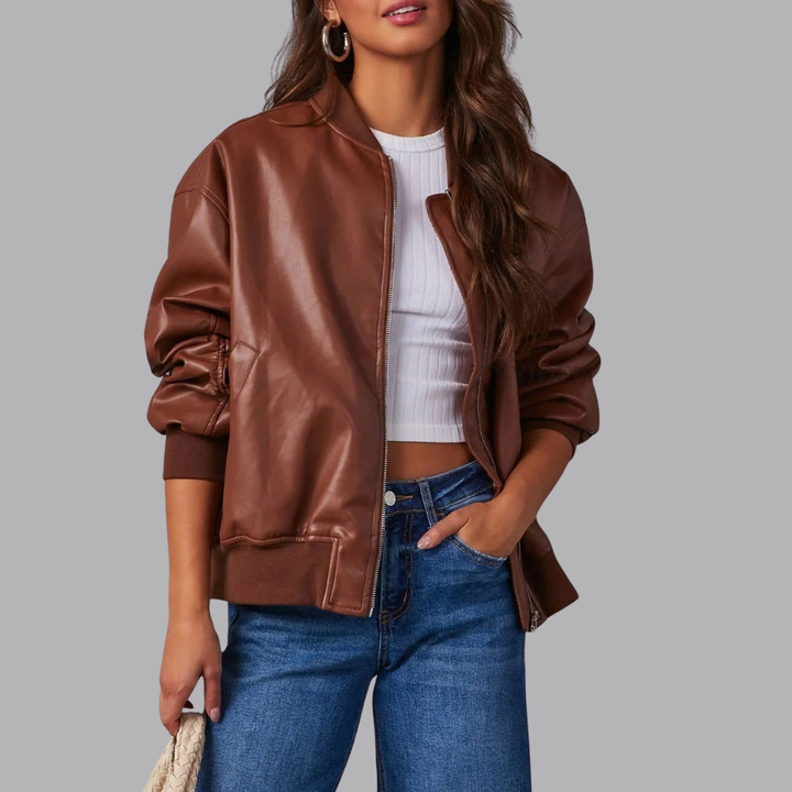 Women’s Oversized Faux Leather Bomber Jacket Zip Front