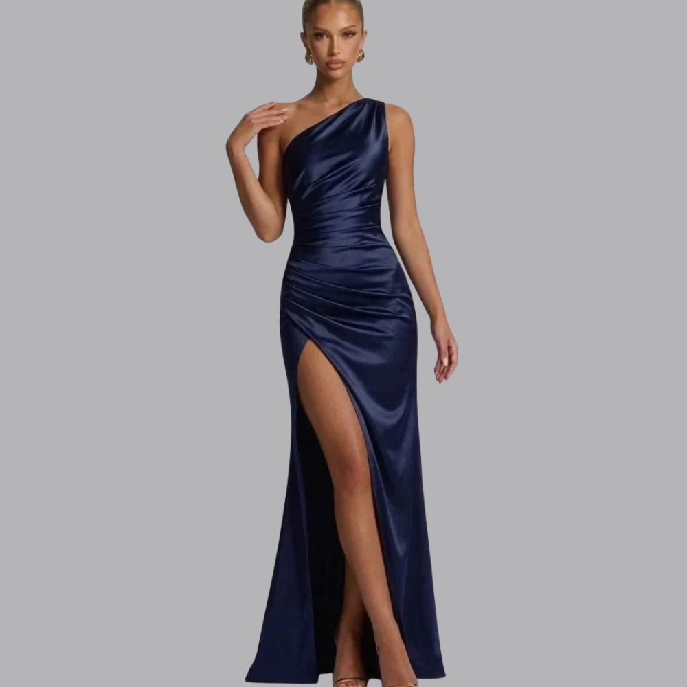 Women’s Satin Evening Gown Asymmetric Neckline High Slit