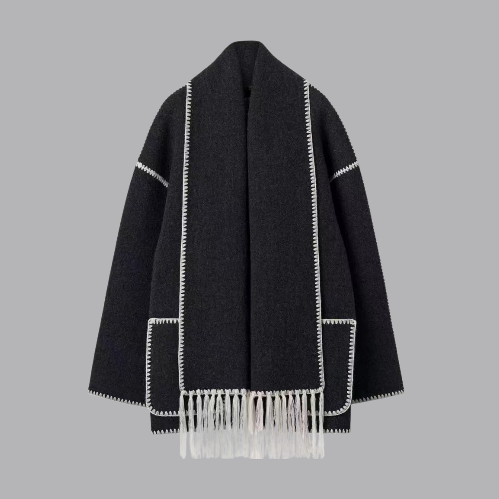 Women’s Oversized Cape Coat Contrast Trim Fringed Scarf