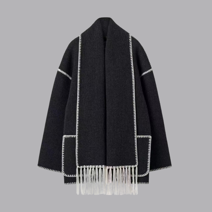 Women’s Oversized Cape Coat Contrast Trim Fringed Scarf