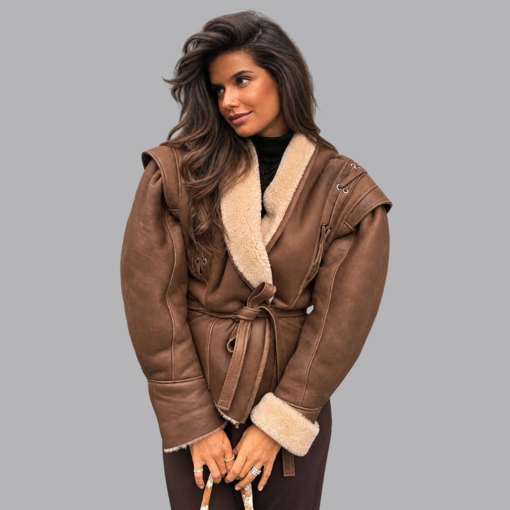 Women’s Faux Shearling Aviator Jacket Belted Waist