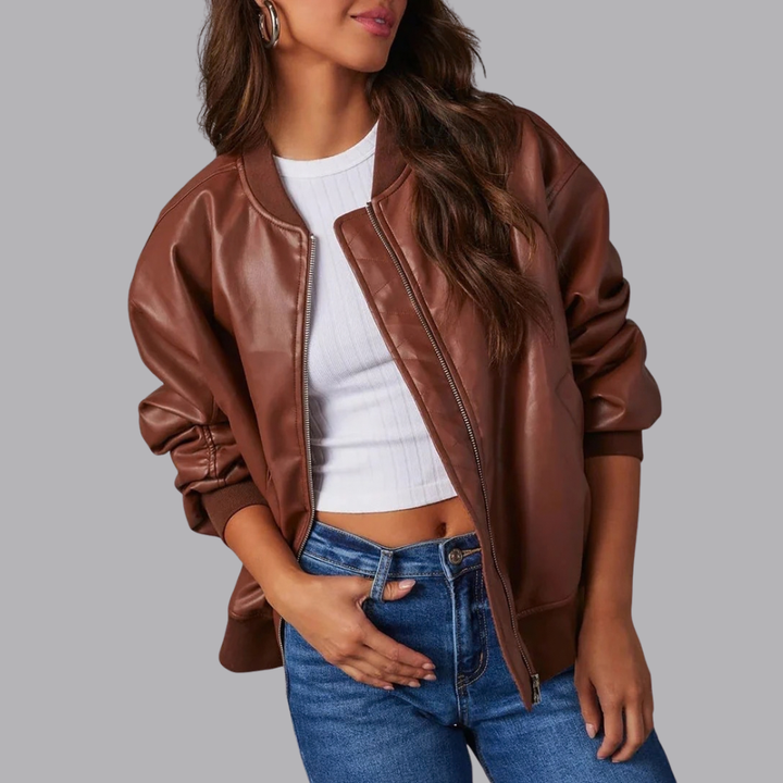 Women’s Oversized Faux Leather Bomber Jacket Zip Front