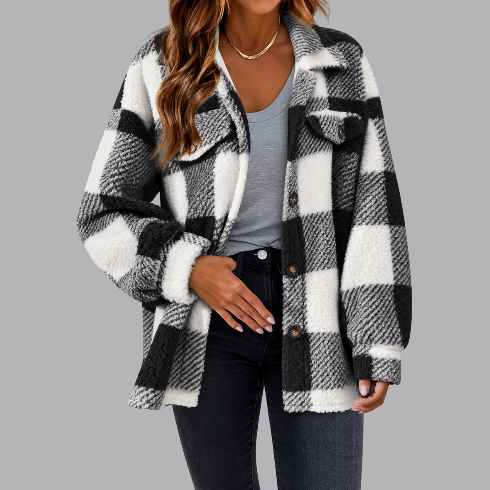 Women’s Plaid Sherpa Shacket Oversized Button Front Jacket
