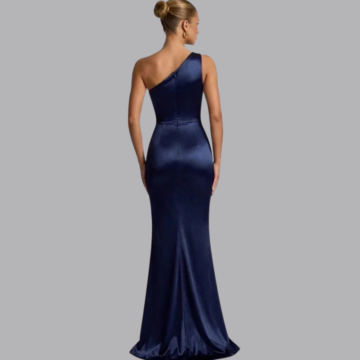 Women’s Satin Evening Gown Asymmetric Neckline High Slit