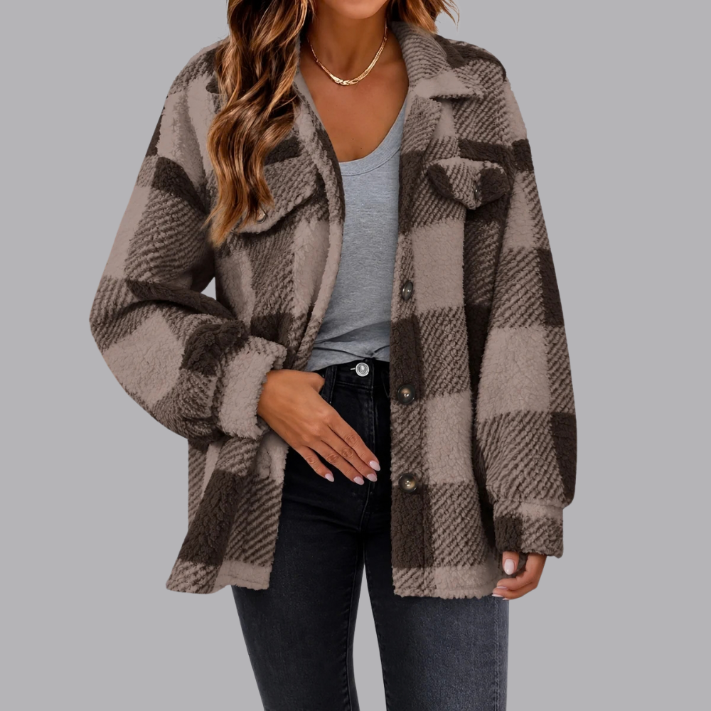 Women’s Plaid Sherpa Shacket Oversized Button Front Jacket