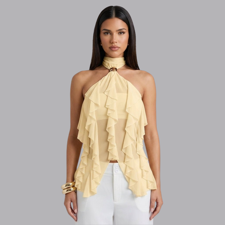 Women’s Ruffle Halter Neck Top Back Tie Sleeveless Blouse