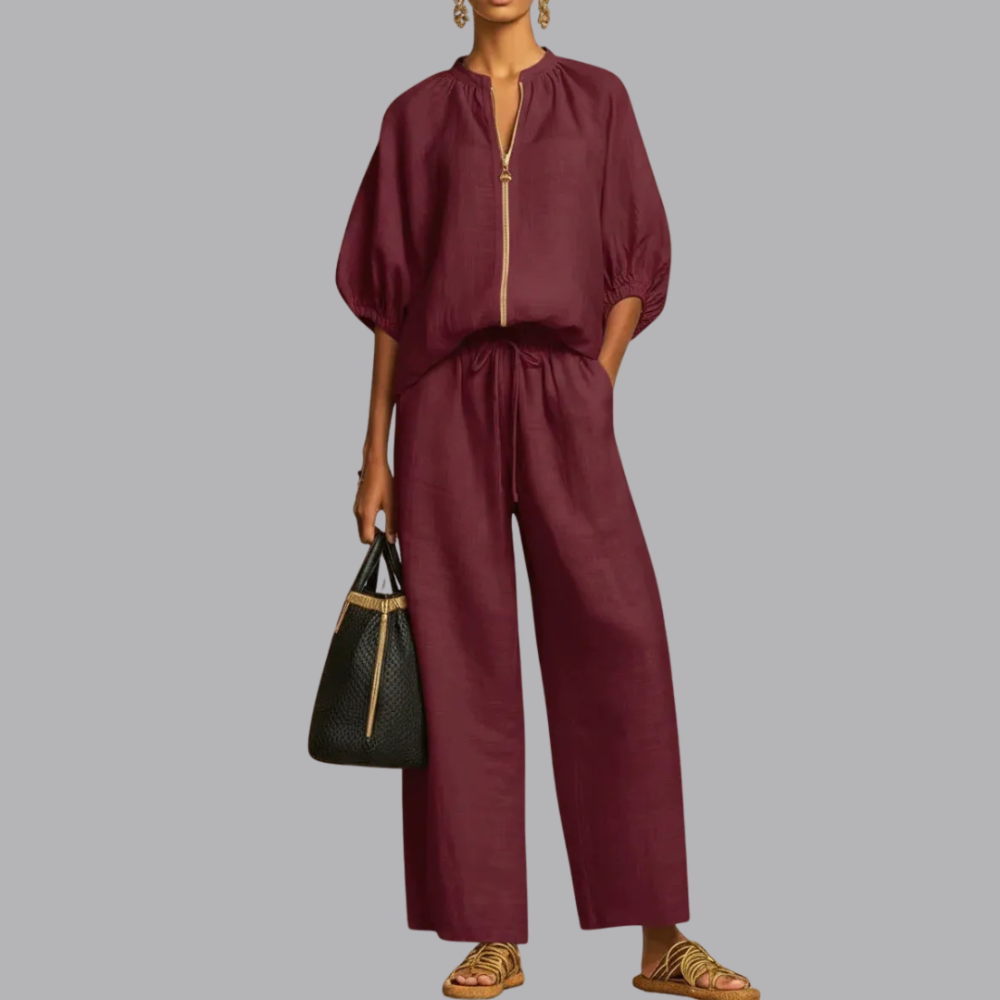 Women’s Denim Zip Front Wide Leg Trousers Two Piece Set
