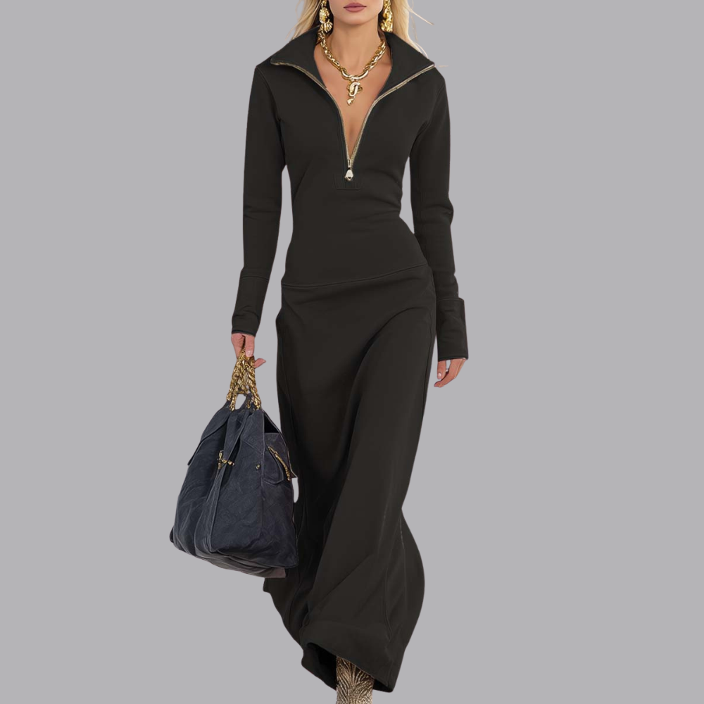 Women’s Long Sleeve Zip Up Maxi Dress High Neck