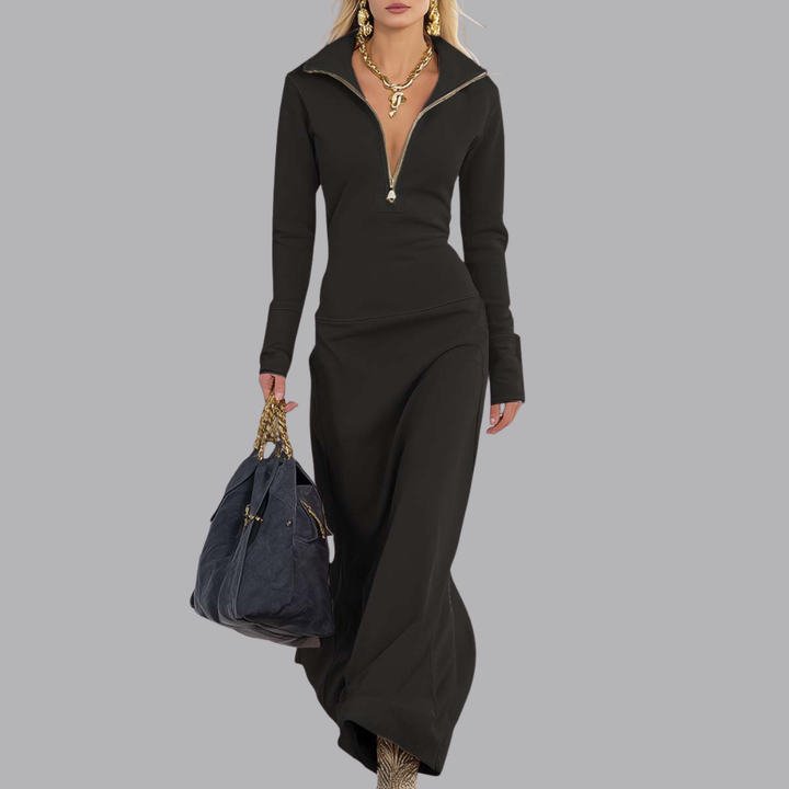 Women’s Long Sleeve Zip Up Maxi Dress High Neck